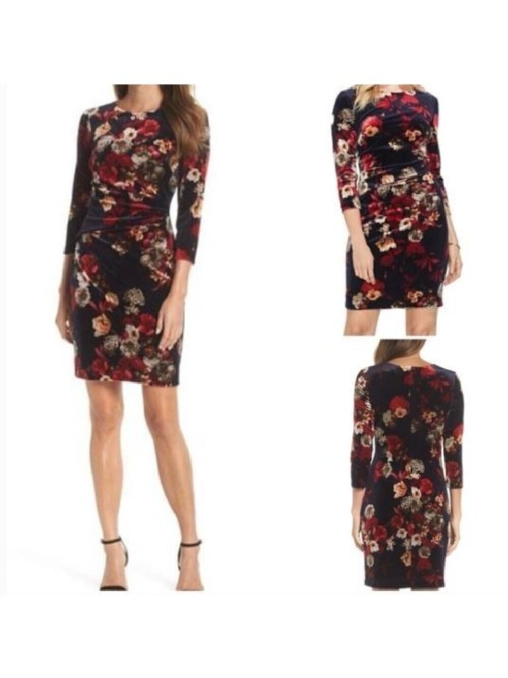 Vince Camuto Dress Womens 16 Burgundy Floral Velvet Ruched Side Quiet Luxury